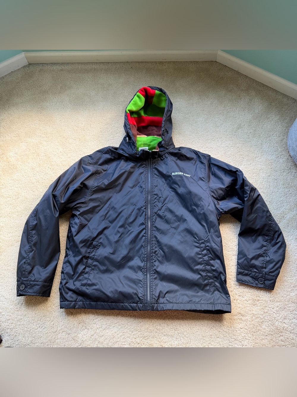 Burger King Black Nylon Fleece Lined Hooded Crew Uniform Jacket - XL - VGUC
